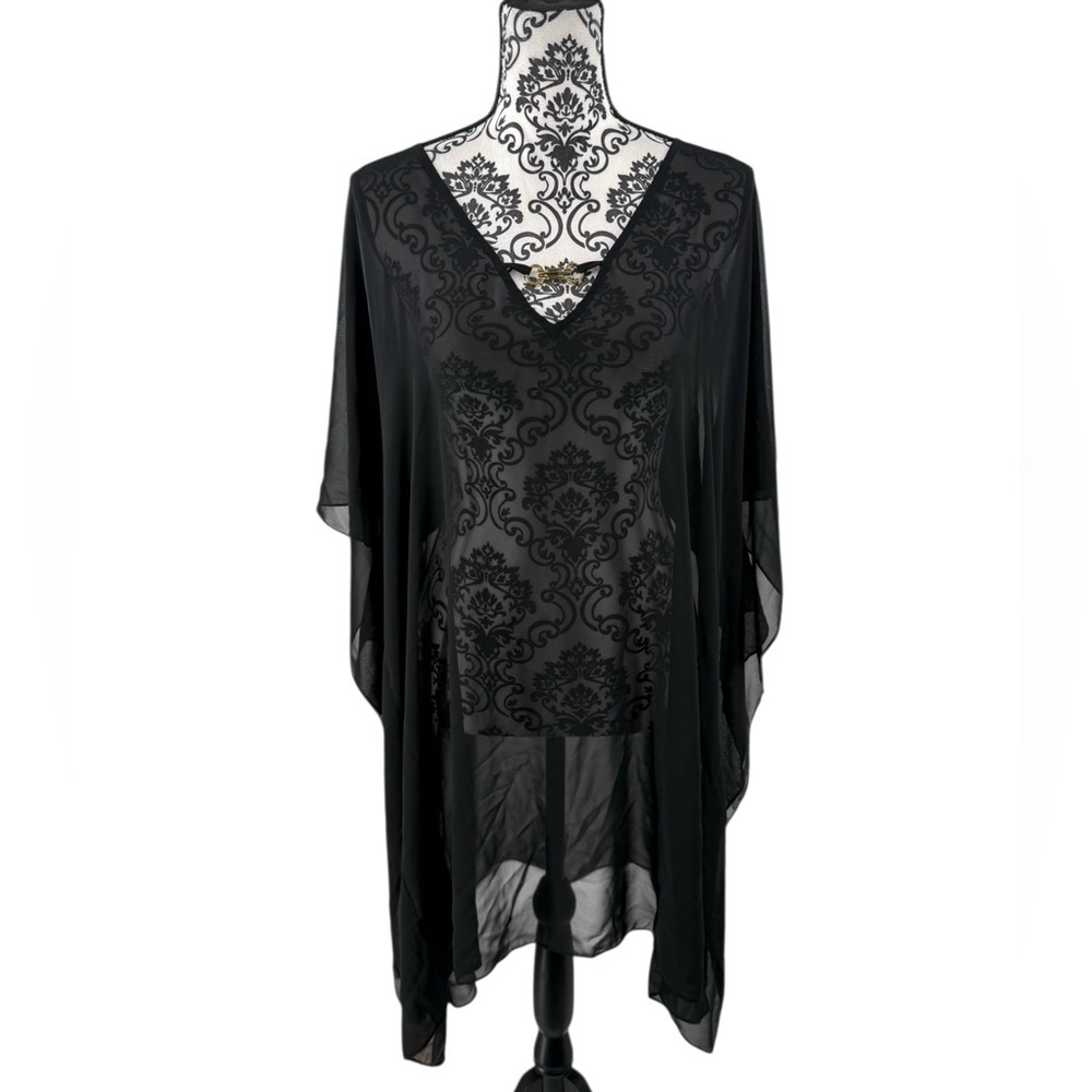 Moss Rose Black Sheer Kimono Cover-Up with Gold Detail One Size Beach Shawl